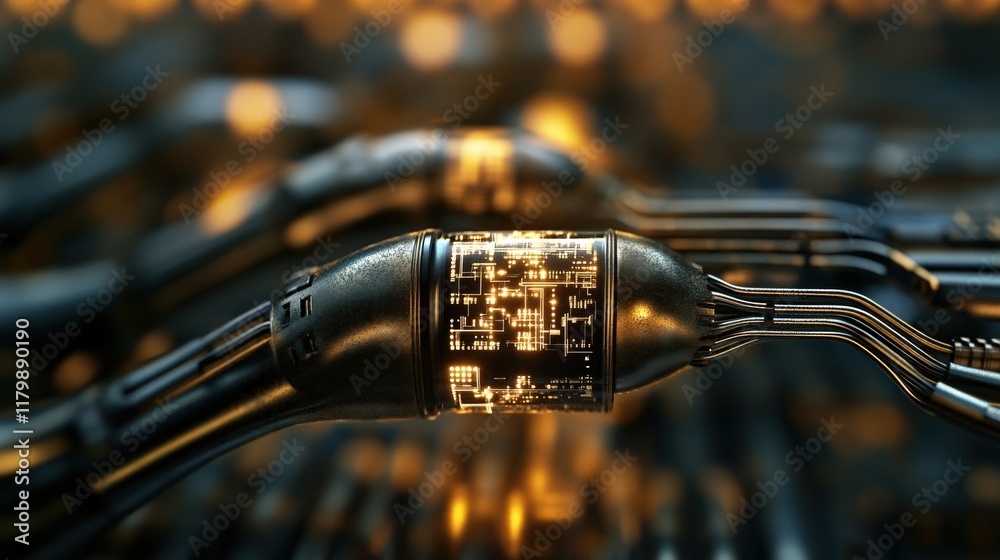 Aufkleber Close-up View of a High-Tech Circuit Board Embedded in a Sleek Black Cable, Showcasing Intricate Design and Illuminated Patterns Against a Blurred Background
