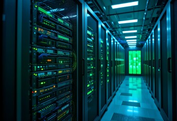 A server room with blinking green and blue LED lights