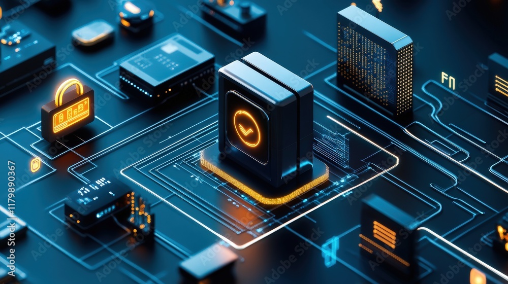 Poster Futuristic Digital Circuit Board Design with Abstract Technology Elements and Glow Effects Representing Data Processing and Artificial Intelligence Concepts