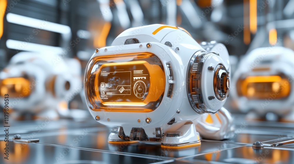 Poster Futuristic robotic device with transparent display and orange accents, set in a high-tech environment showcasing advanced technology and design innovation in a modern laboratory.