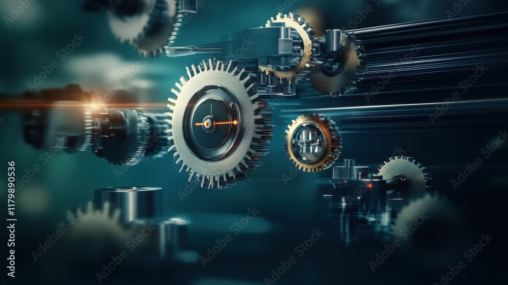 Poster Abstract Visualization of Interconnected Gears and Mechanical Components Representing Engineering, Motion, and Innovation in a Futuristic Environment