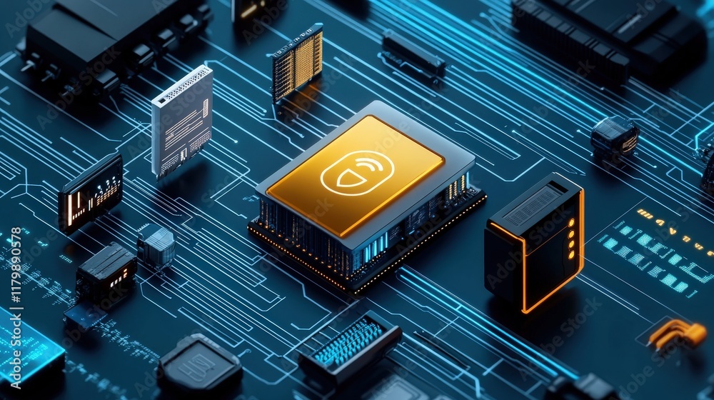Poster Futuristic Microchip with Smiling Face Icon Representing AI Technology Surrounded by Digital Components and Circuitry on a Dark Background