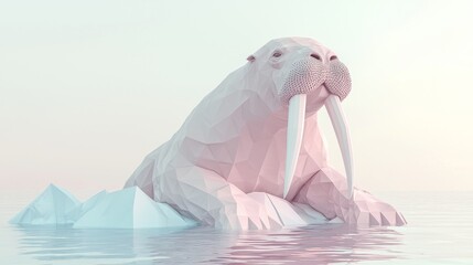 Fototapeta premium Majestic Low-Poly Walrus with Tusks on Arctic Ice Floe in Ultra-Detailed Cinematic Scene