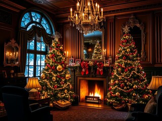 Ornate room featuring a beautifully decorated Christmas tree emitting a warm glow, festive lighting, vintage, classy
