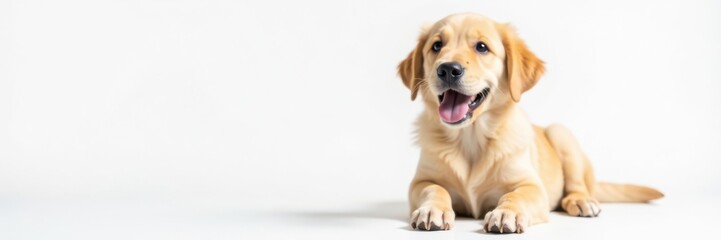 Smiling golden retriever puppy sitting on white background, happy, fluffy dog, adorable puppy