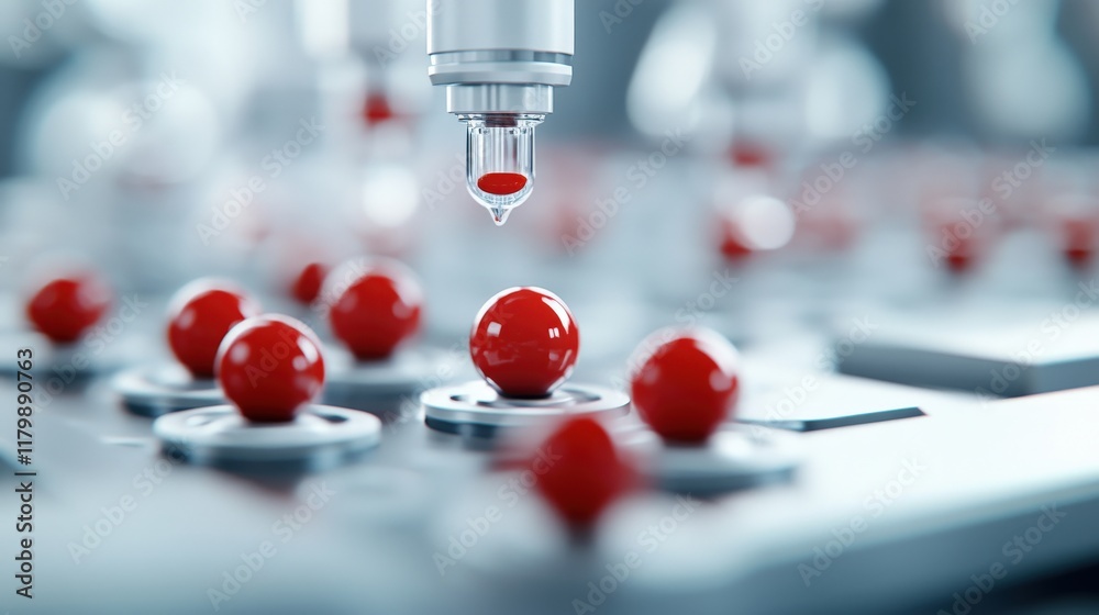 Poster close-up of a precision nozzle dropping red liquid onto small spheres in a high-tech laboratory envi
