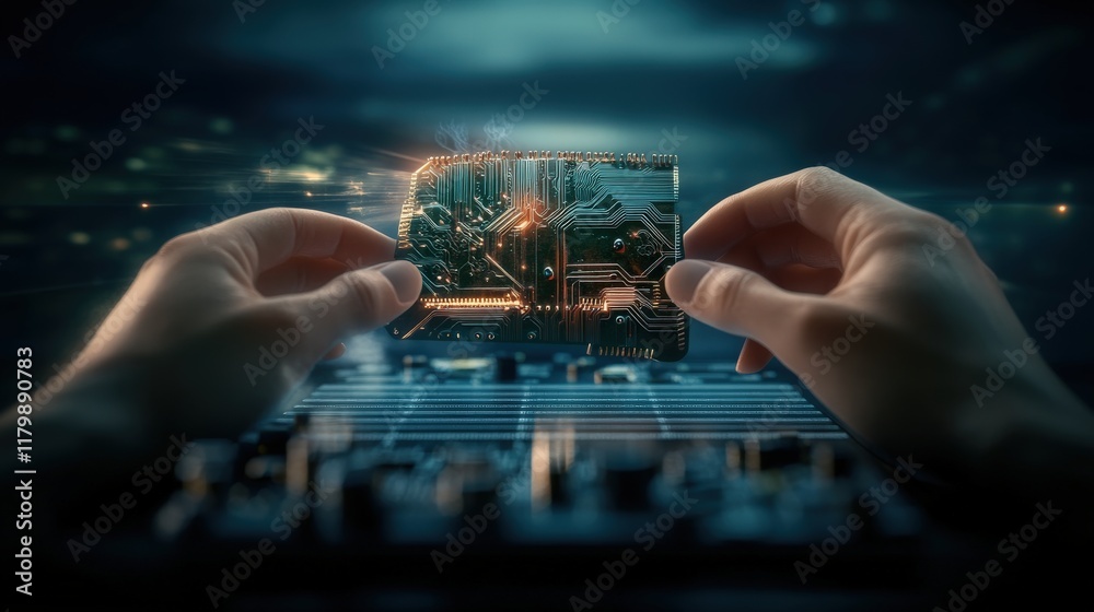 Aufkleber Hands Holding a Digital Circuit Board with Neon Lights in a Dimly Lit Environment, Representing Technology and Innovation in Modern Electronics Design