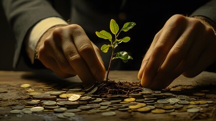 Hands Nurturing Green Plant Growing from Soil Surrounded by Coins Symbolizing Investment Growth and Financial Prosperity in a Business Context