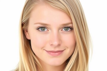 Naklejka premium a close-up portrait of a young woman with long, straight blonde hair. She is facing the camera with a neutral expression on her face. Her hair is styled in loose waves and falls over her shoulders.