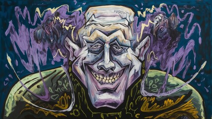 Obraz premium Abstract grotesque face, twisted smile, chaotic brush strokes creating unsettling atmosphere