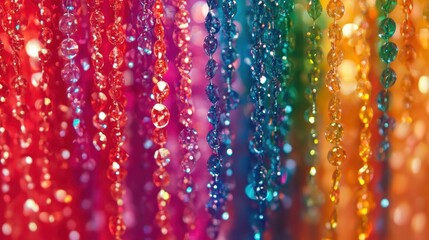 Vibrant Multicolored Crystal Beads in a Bright Background Creating a Stunning Visual Display with Glimmering Reflections and Bokeh Effect