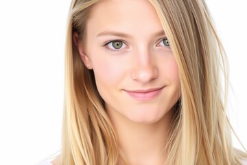 Naklejka premium a close-up portrait of a young woman with long, straight blonde hair. She is facing the camera with a neutral expression on her face. Her hair is styled in loose waves and falls over her shoulders.