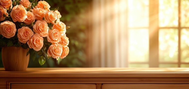 A warm, serene scene featuring a vase of peach roses on a wooden table, illuminated by soft sunlight streaming through a window.