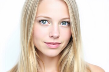 Naklejka premium a close-up portrait of a young woman with long, straight blonde hair. She is facing the camera with a neutral expression on her face. Her hair is styled in loose waves and falls over her shoulders.