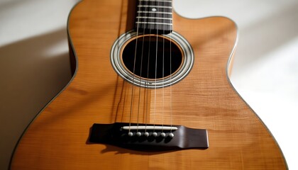 Obraz premium Acoustic Guitar: Warm Wood, Sunlit Detail, Musical Still Life