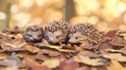 Obraz premium Low-Poly Hedgehog Family in Autumn Leaves - Cinematic Ultra-Detailed Brown Polygonal Animals Nestled in Nature