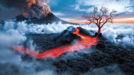 Fototapeta premium A panoramic view of a volcanic landscape with steaming fumaroles and colorful mineral deposits, showcasing the extreme acidity of volcanic environments.