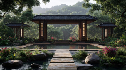 Fototapeta premium Tranquility in the Garden: A serene path leads to a traditional Japanese garden, where lush greenery surrounds a shimmering pond. This serene vista embodies peace and harmony.