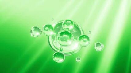 Green abstract spheres, green molecules and glass spheres,Concept skin care Cosmetics background, 3d rendering.