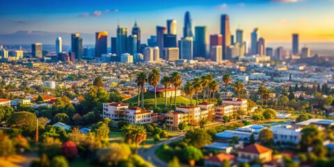 Obraz premium Miniature Los Angeles Cityscape: Tilt-Shift View of Iconic Buildings & Pacific Coastline