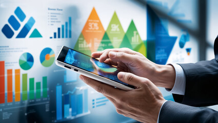 businessman hands holding tablet with different charts, business background