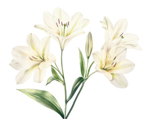 Delicate white lilies with green leaves on a white isolated background.