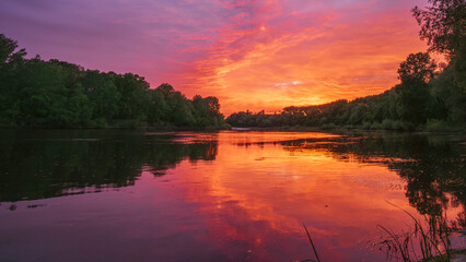 red sunset over the lake
