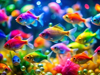 Fototapeta premium Miniature Neon Rainbow Fish Aquarium, Vibrant Colors, Tilt-Shift Photography