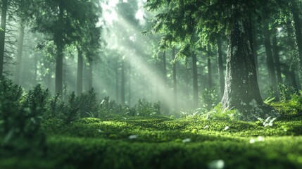 Obraz premium Sunbeams illuminate mossy forest floor, misty pines background, nature scene