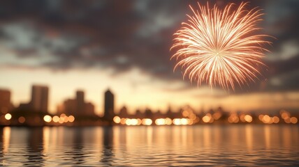 Fototapeta premium firework on celebration concept. Fireworks illuminate a city skyline reflected in water during twilight.