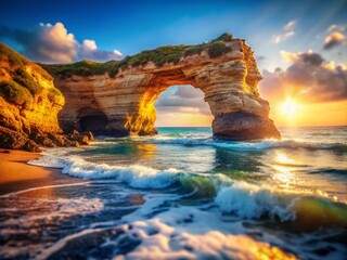 Miniature Ocean Arch Rock Formation, Coastal Seascape, Tilt-Shift Photography