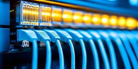 A close-up of network cables plugged into a switch panel with illuminated ports, indicating active connections in a data center. Concept Network Cables Close-Up, Switch Panel Details