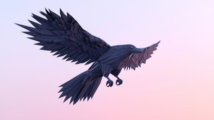 Obraz premium Majestic Low-Poly Crow Soaring in Fractal Wing Patterns Against Pastel Sky - Ultra-Detailed Cinematic Image