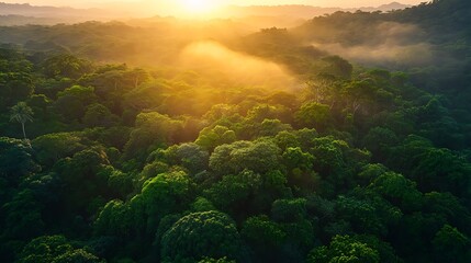 Aerial view of lush rainforest at sunrise, golden sunlight beams through the canopy.