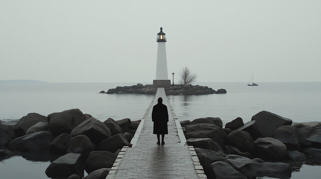 Solitude and the Lighthouse: A lone figure walks towards a distant lighthouse on a misty, overcast day.  The image evokes a sense of contemplation, mystery, and the search for guidance.