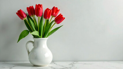 white vase holding bouquet red tulips against background new image