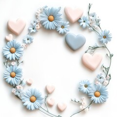 Fototapeta premium Valentine's day love heart frame pale blue daisy background
