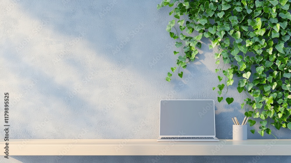 Poster a desk with a trailing ivy plant cascading down from a shelf, adding a touch of nature and tranquili