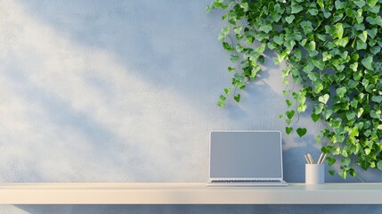 Fototapeta premium A desk with a trailing ivy plant cascading down from a shelf, adding a touch of nature and tranquility to the work area.
