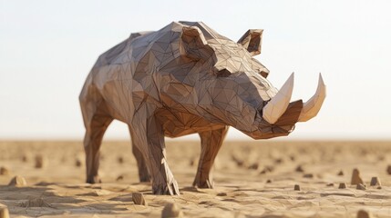 Fototapeta premium Majestic Low-Poly Warthog in Earthy Brown Plating on Savanna Background - Ultra-Detailed 3D Polygonal Artwork