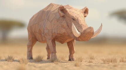 Fototapeta premium Majestic Low-Poly Warthog in Earth-Toned Savanna - Ultra-Detailed 3D Illustration of African Wildlife Polygonal Design