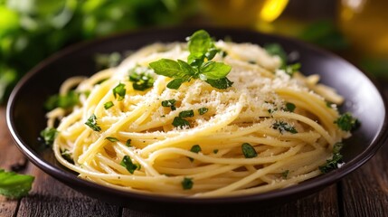 Aromatic Aglio e Olio Spaghetti:  Delectable Italian Pasta Dish with Parmesan and Basil