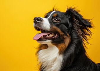 Fototapeta premium A happy Bernese Mountain Dog with its tongue out, isolated on a yellow background Generative AI