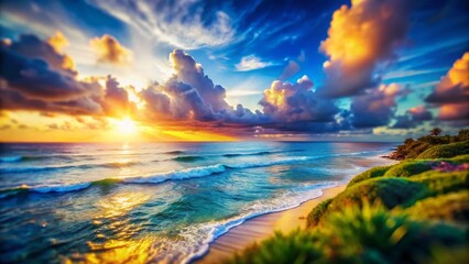 Fototapeta premium Miniature Seascape: Dramatic Sky Over Calm Ocean, Tilt-Shift Photography