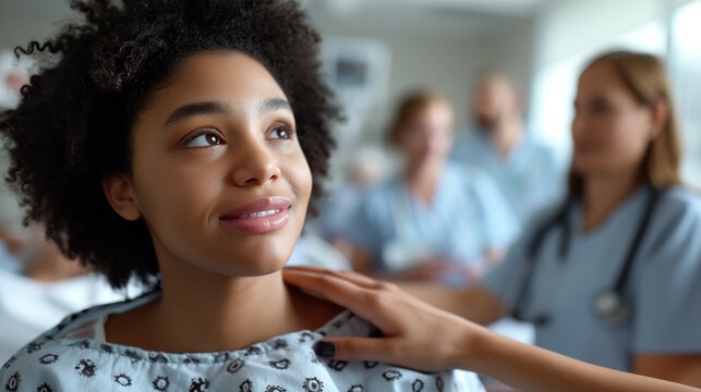 Smiling african american female patient surrounded by medical staff, celebrating recovery and optimism in healthcare settings - Powered by Adobe