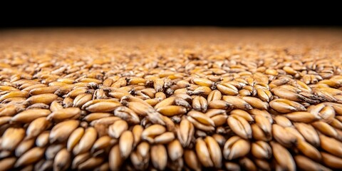 Obraz premium A close-up view of numerous golden grains of wheat spread out on a surface, showcasing their texture and color. Concept Wheat Grain Close-Up, Texture and Color, Natural Harvest, Agricultural Beauty