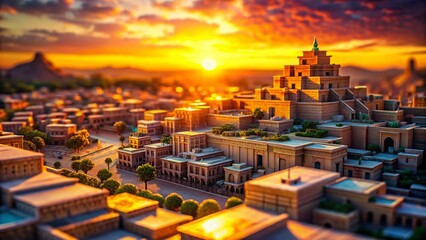 Naklejka premium Miniature Sumerian City at Sunset: Tilt-Shift Photography