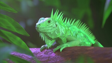 Vibrant Low-Poly Iguana with Spiky Crest Perched on Minimal Log in Neon Green - Cinematic Ultra-Detailed Tropical Image