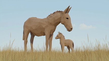 Obraz premium Tender Low-Poly Donkey Foal Nuzzling Adult in Cinematic Farmland Scene, Ultra-Detailed Connection in Warm Browns