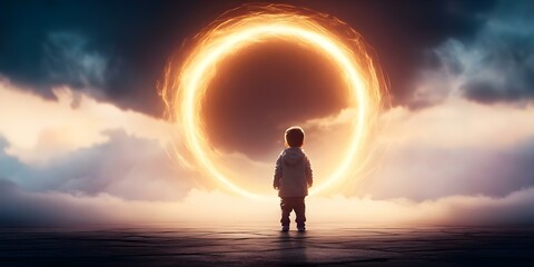 A child stands in front of a glowing circular portal, surrounded by dramatic clouds and a mystical atmosphere. Concept Magical Portal, Dramatic Clouds, Mystical Atmosphere, Enchanted Child